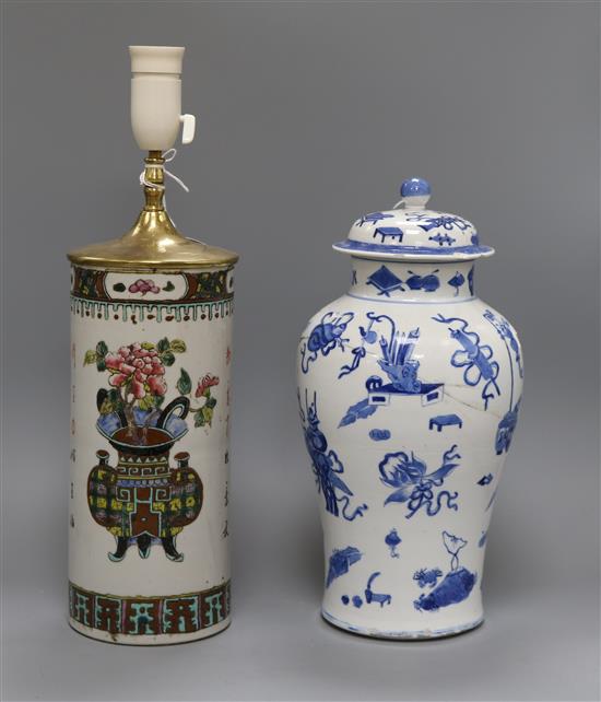 A Chinese famille rose cylindrical vase, mounted as a lamp and a blue and white vase vase height 34cm